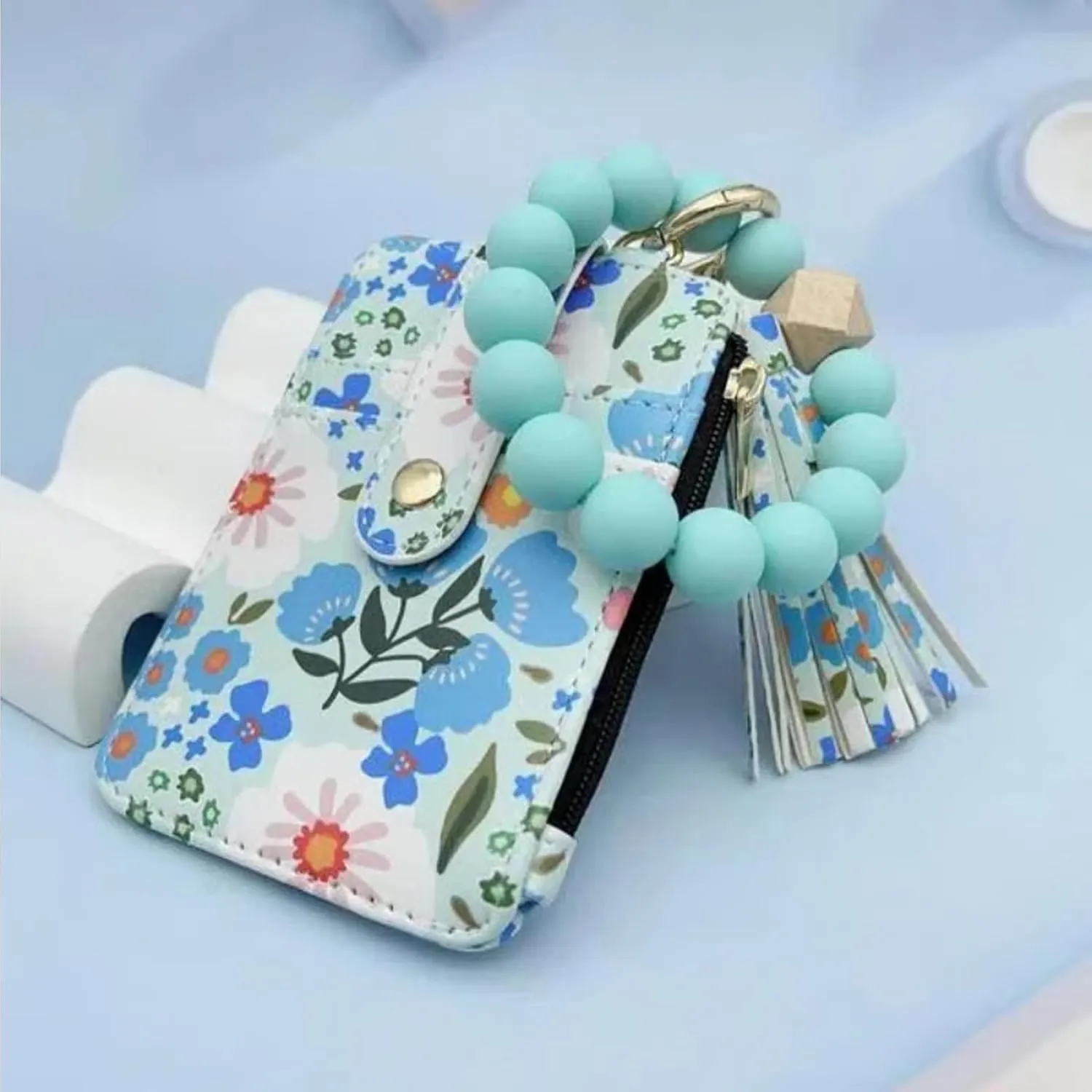 Women's Boho Beaded Wallet,Bracelet Keychain Wallet with Beaded Tassel Decoration,Style Wristlet Pouch with Floral Pattern(Blue)