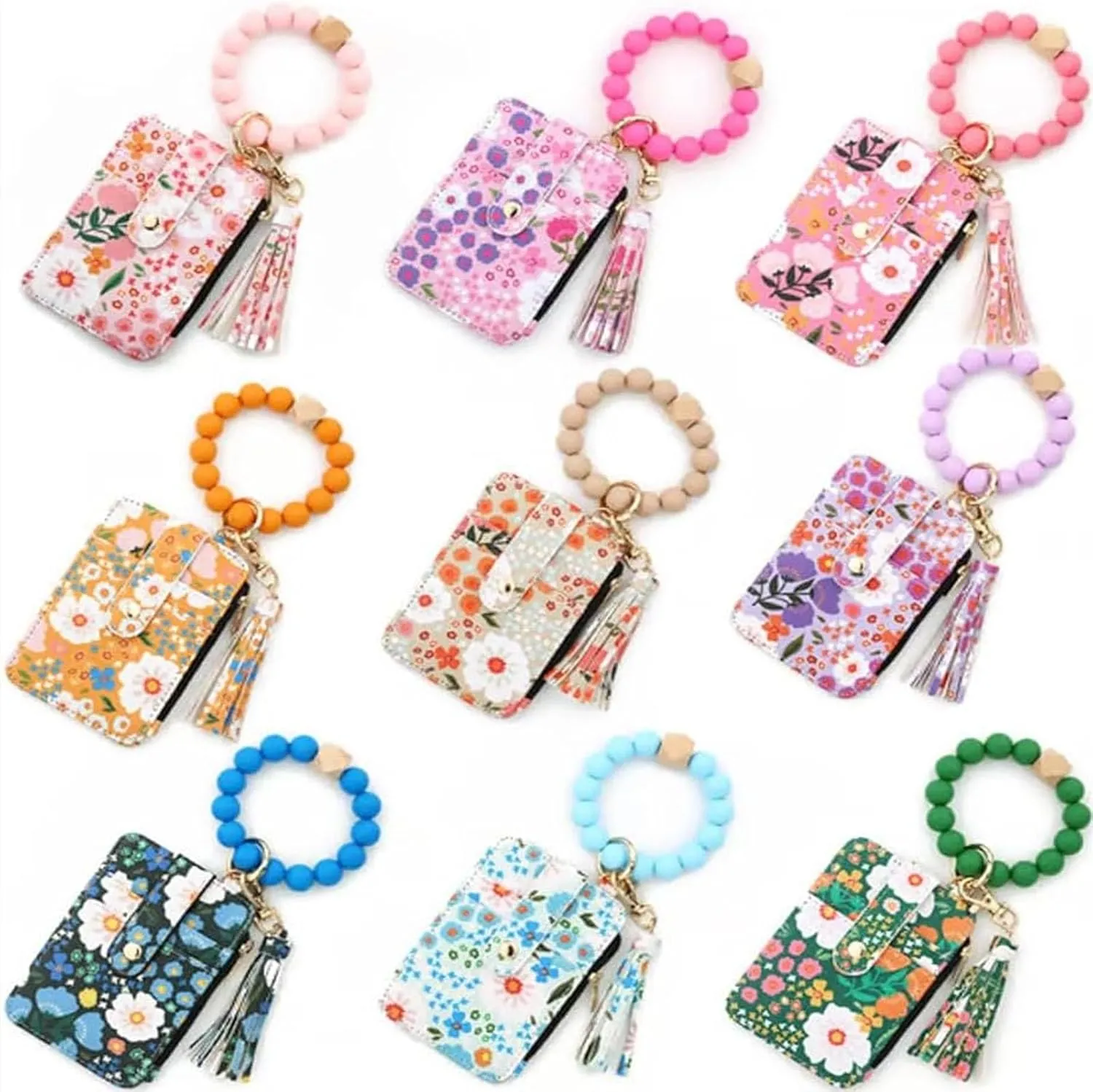 Women's Boho Beaded Wallet,Bracelet Keychain Wallet with Beaded Tassel Decoration,Style Wristlet Pouch with Floral Pattern(Blue)
