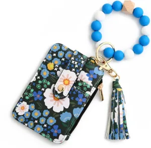 Women's Boho Beaded Wallet,Bracelet Keychain Wallet with Beaded Tassel Decoration,Style Wristlet Pouch with Floral Pattern(Blue)