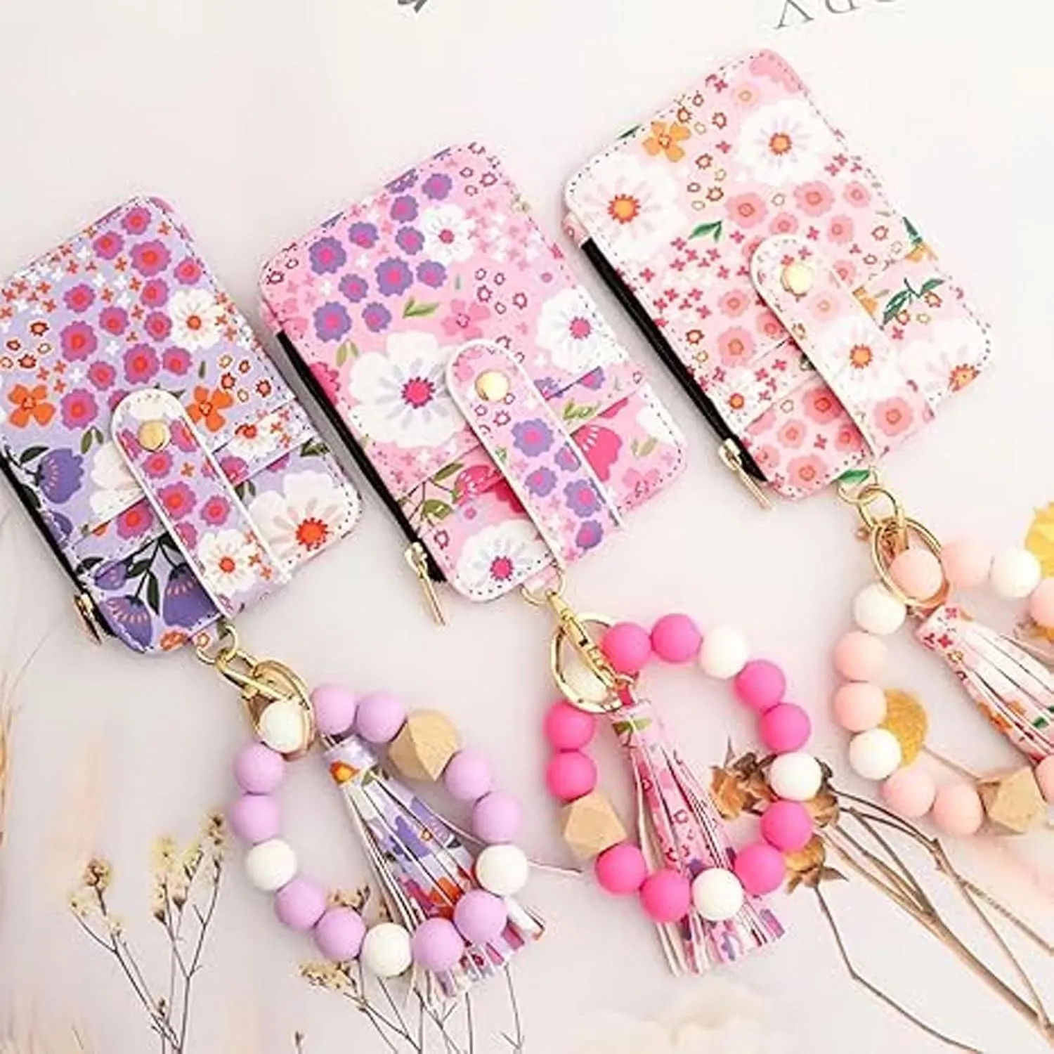 Women's Boho Beaded Wallet,Bracelet Keychain Wallet with Beaded Tassel Decoration,Style Wristlet Pouch with Floral Pattern(Blue)