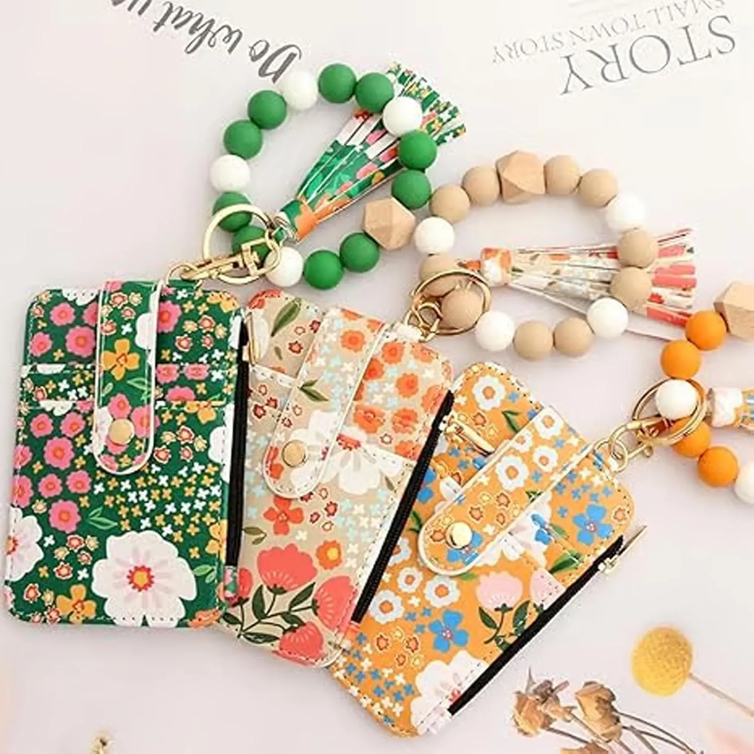 Women's Boho Beaded Wallet,Bracelet Keychain Wallet with Beaded Tassel Decoration,Style Wristlet Pouch with Floral Pattern(Khaki)