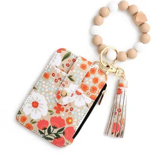 Women's Boho Beaded Wallet,Bracelet Keychain Wallet with Beaded Tassel Decoration,Style Wristlet Pouch with Floral Pattern(Khaki)