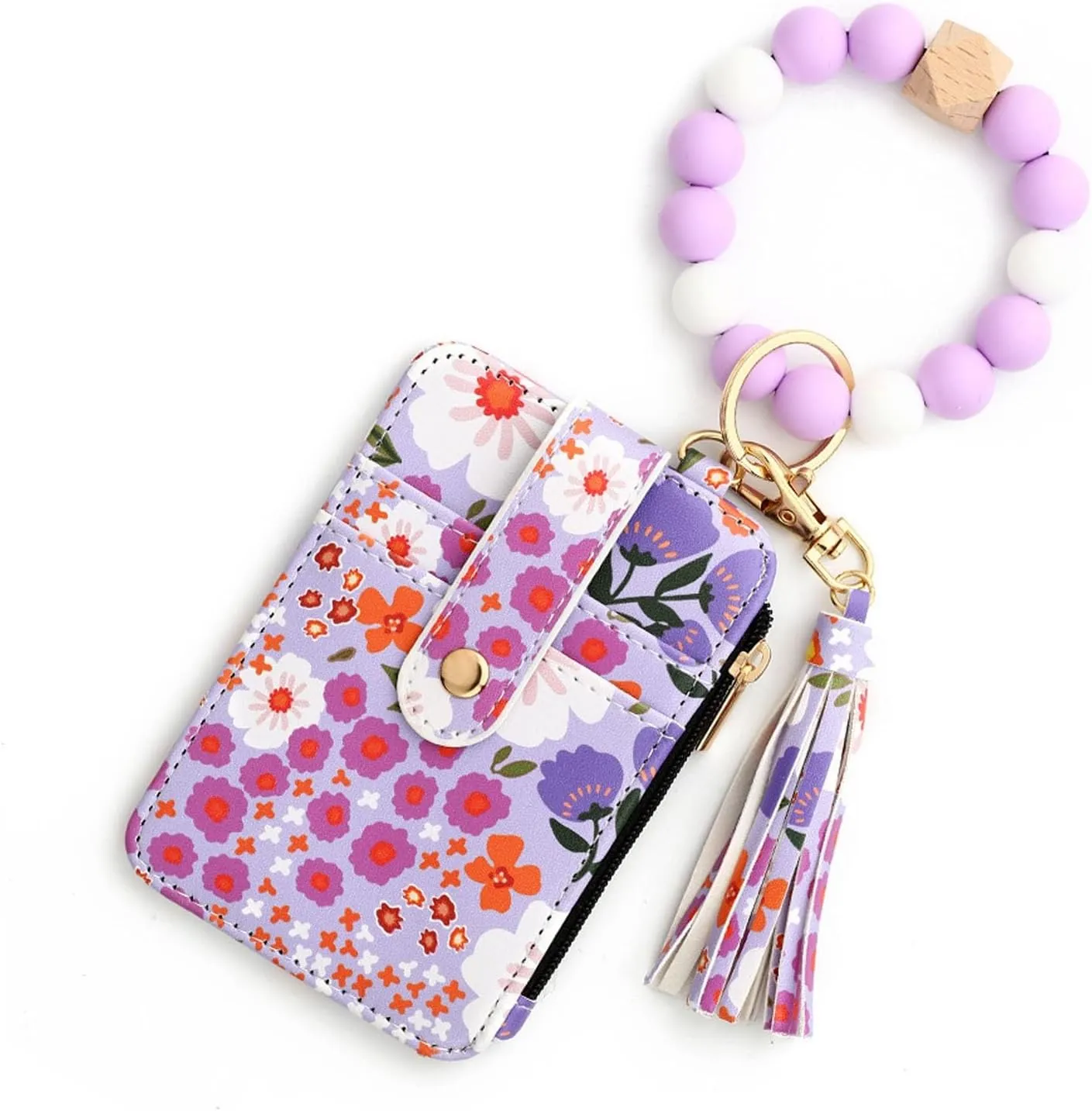 Women's Boho Beaded Wallet,Bracelet Keychain Wallet with Beaded Tassel Decoration,Style Wristlet Pouch with Floral Pattern(Purple)