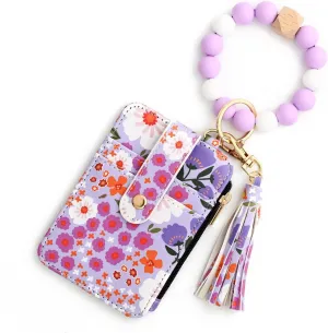 Women's Boho Beaded Wallet,Bracelet Keychain Wallet with Beaded Tassel Decoration,Style Wristlet Pouch with Floral Pattern(Purple)