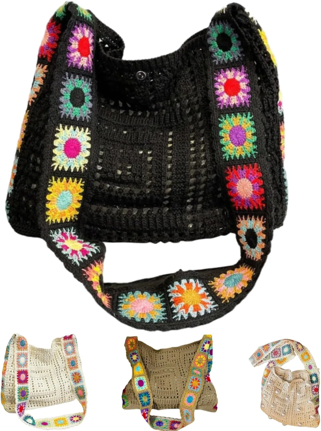 Women's Boho Embroidery Crossbody Bag Hollow Out Crochet Knit Shoulder Bag Knited Bag Handbag Summer Beach Tote