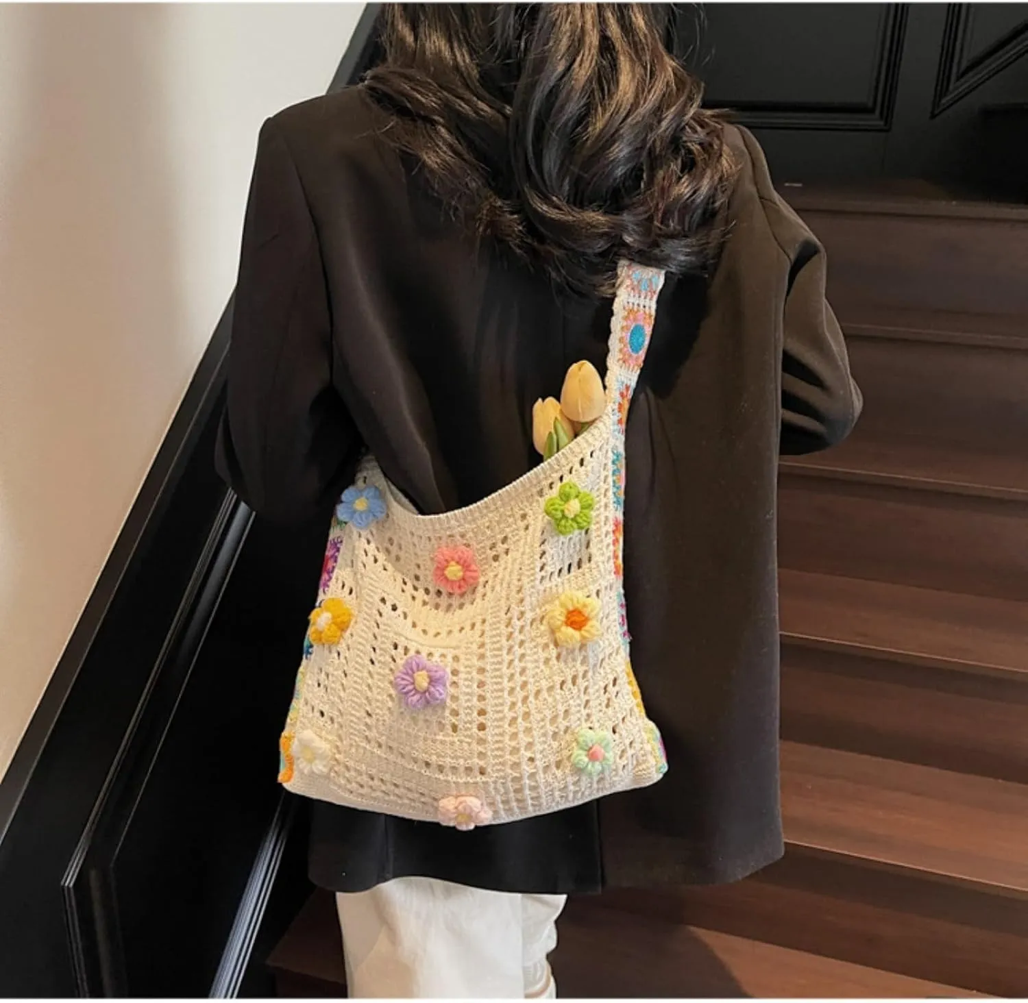 Women's Boho Embroidery Crossbody Bag Hollow Out Crochet Knit Shoulder Bag Knited Bag Handbag Summer Beach Tote
