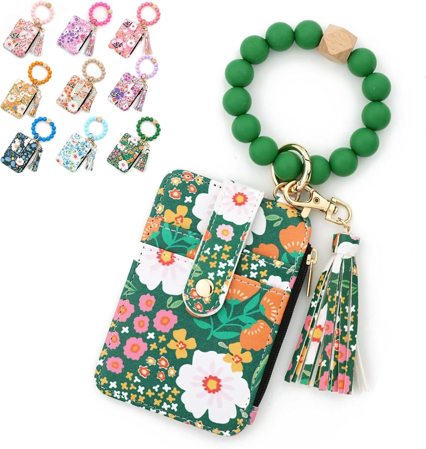 Womens Boho Style Beaded And Tassel Keychain Wallet, Silicone Wristlet Bracelet Keychain Wallet, Card Case Keychain For Women (Green)