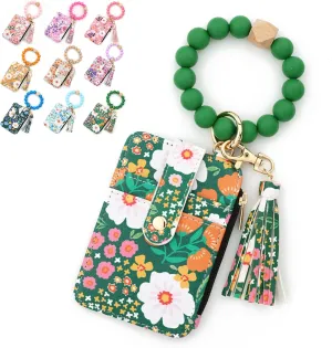 Womens Boho Style Beaded And Tassel Keychain Wallet, Silicone Wristlet Bracelet Keychain Wallet, Card Case Keychain For Women (Green)
