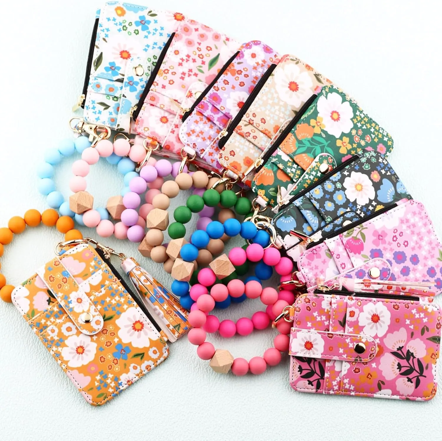 Womens Boho Style Beaded And Tassel Keychain Wallet, Silicone Wristlet Bracelet Keychain Wallet, Card Case Keychain For Women (Green)