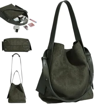 Women's Green Vintage Suede Bucket Bag, 27x21.01x30.99 cm (10.63x8.27x12.20 inch), Hobo Style, Crossbody Strap, Suede Lining