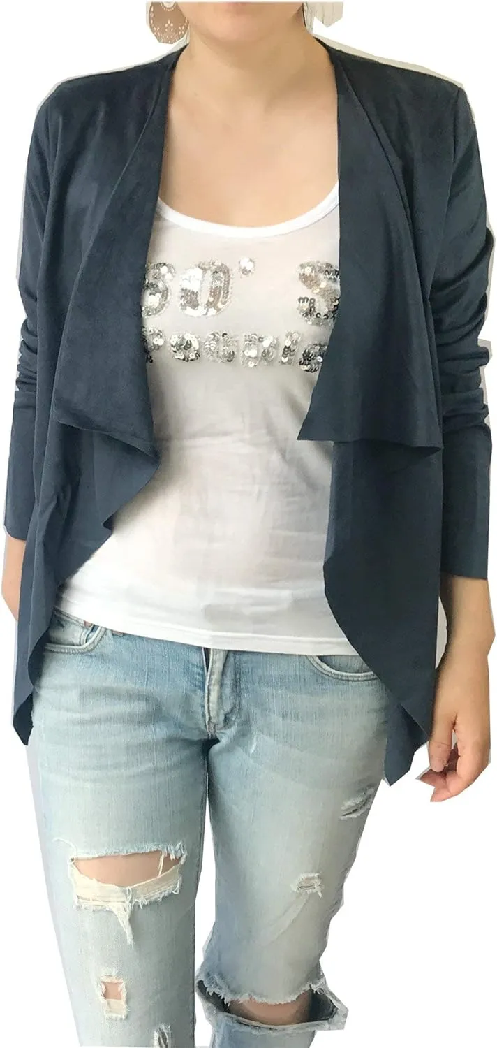 Women's Long Sleeve Cardigan, Faux Suede, Chic Look, Drape Front