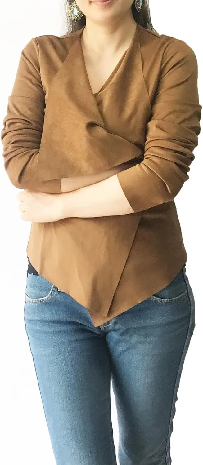 Women's Long Sleeve Cardigan, Faux Suede, Chic Look, Drape Front