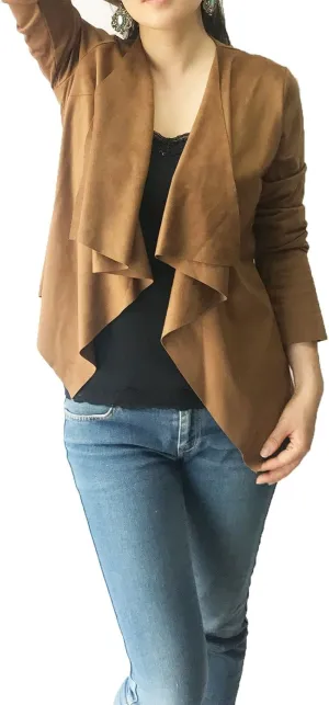 Women's Long Sleeve Cardigan, Faux Suede, Chic Look, Drape Front