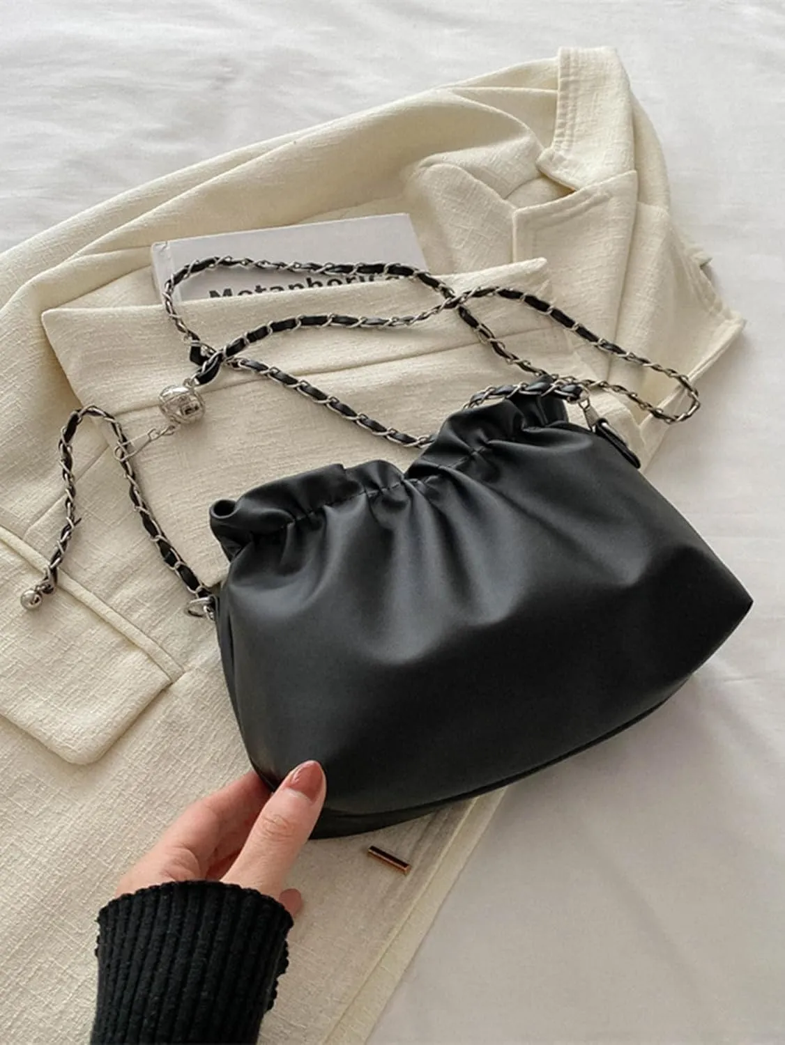 Women's Pearl Bucket Bags Underarm Purse Clutch Y2K Shoulder Handbags Crossbody Bags With Chain