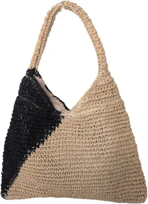Women's Pierre Chic Crochet Raffia Color Block Triangle Bucket Shoulder Bag, Natural/Black