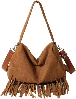 Womens Suede Pillow Bag Slouchy Crossbody Bag Hobo Bag Boston Bag Shoulder Bag Carryall Bag Tote Bag Purse with Tassel