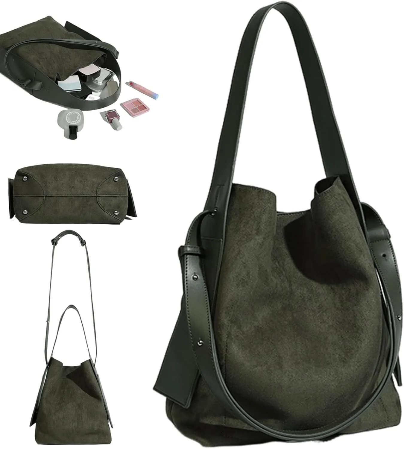 Women's Trendy Vintage Green Suede Bucket Handbag, Crossbody/Shoulder/Handheld, Large Capacity, No Closure, Solid, Leather, Retro Classic Antique, Detachable Strap, 21x6x30.99cm, 600g
