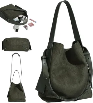 Women's Trendy Vintage Green Suede Bucket Handbag, Crossbody/Shoulder/Handheld, Large Capacity, No Closure, Solid, Leather, Retro Classic Antique, Detachable Strap, 21x6x30.99cm, 600g