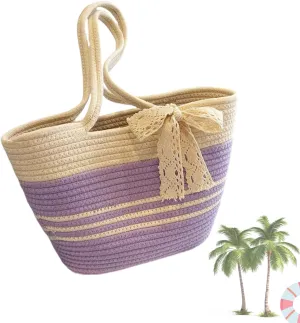 Woven Hobo Bag for Women,Color-Block Summer Shoulder Bag with Bow, Lightweight Beach Purse for Shopping Vacation