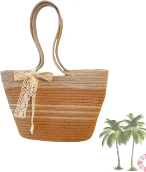Woven Hobo Bag for Women,Color-Block Summer Shoulder Bag with Bow, Lightweight Beach Purse for Shopping Vacation