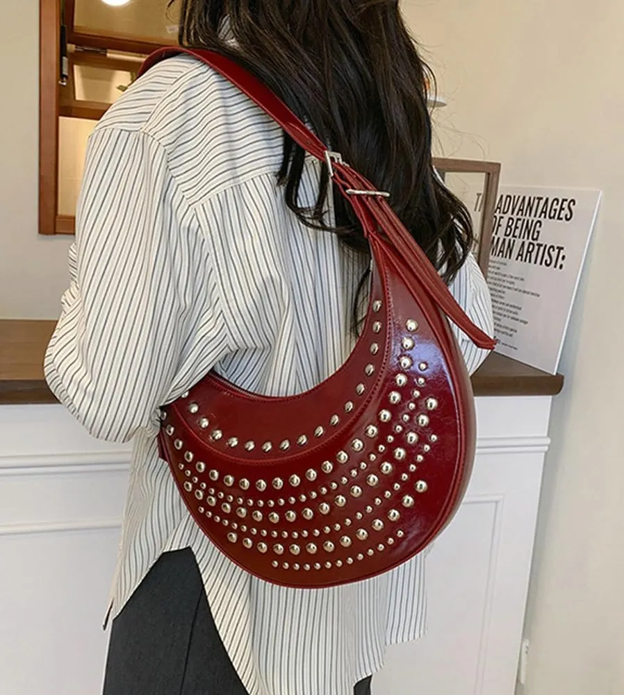 Y2k 90s Studded Hobo Bags Women PU Leather Punk Underarm Crescent Crossbody Purse Satchels Trendy Shoulder Tote Handbag