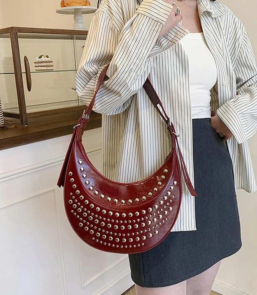 Y2k 90s Studded Hobo Bags Women PU Leather Punk Underarm Crescent Crossbody Purse Satchels Trendy Shoulder Tote Handbag