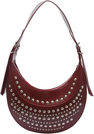 Y2k 90s Studded Hobo Bags Women PU Leather Punk Underarm Crescent Crossbody Purse Satchels Trendy Shoulder Tote Handbag