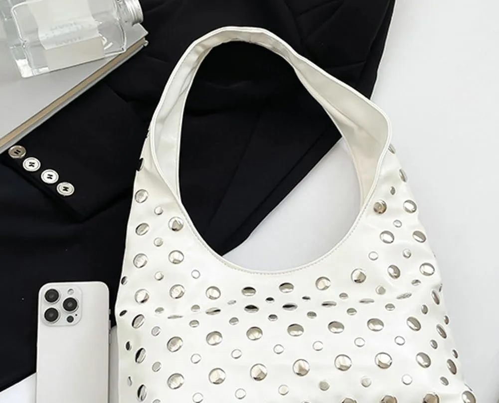 Y2k 90s Studded Hobo Bags Women Trendy Punk PU Leather Underarm Crescent Crossbody Purse Satchels Shoulder Tote Handbag