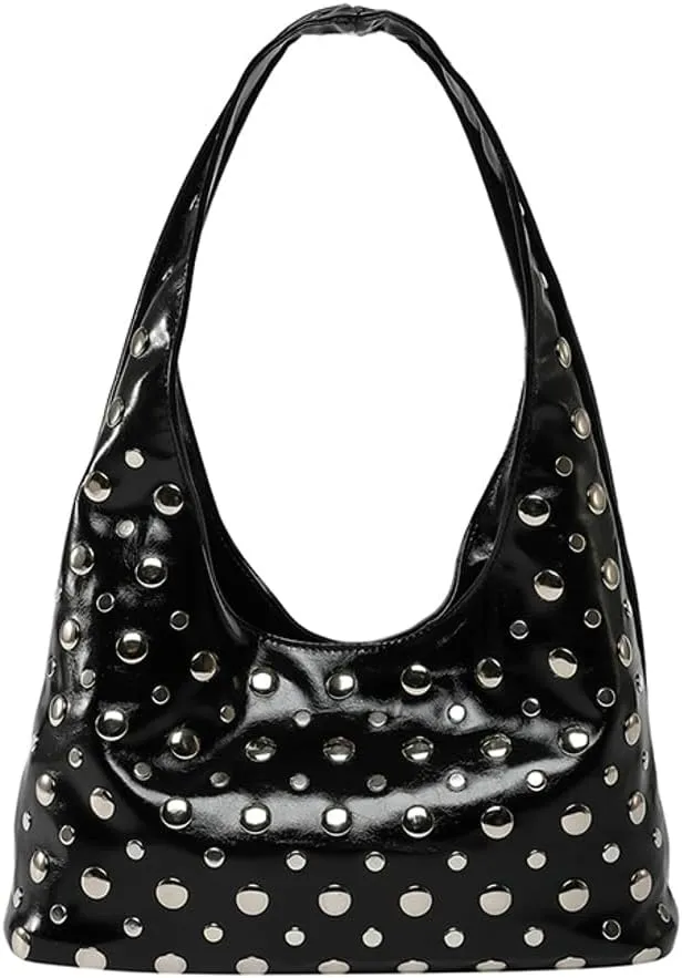 Y2k 90s Studded Hobo Bags Women Trendy Punk PU Leather Underarm Crescent Crossbody Purse Satchels Shoulder Tote Handbag