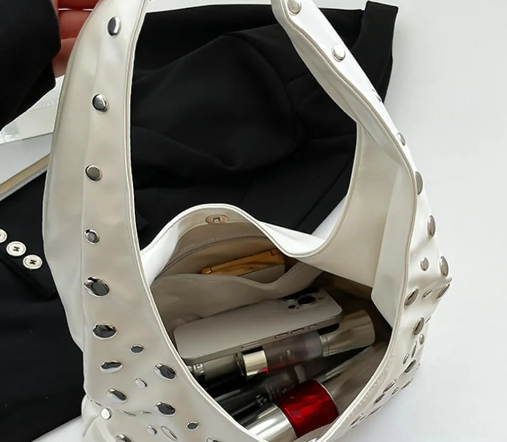Y2k 90s Studded Hobo Bags Women Trendy Punk PU Leather Underarm Crescent Crossbody Purse Satchels Shoulder Tote Handbag