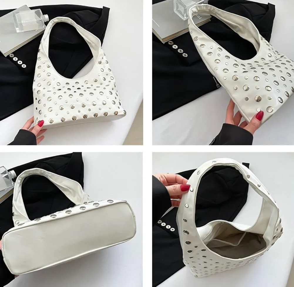 Y2k 90s Studded Hobo Bags Women Trendy Punk PU Leather Underarm Crescent Crossbody Purse Satchels Shoulder Tote Handbag