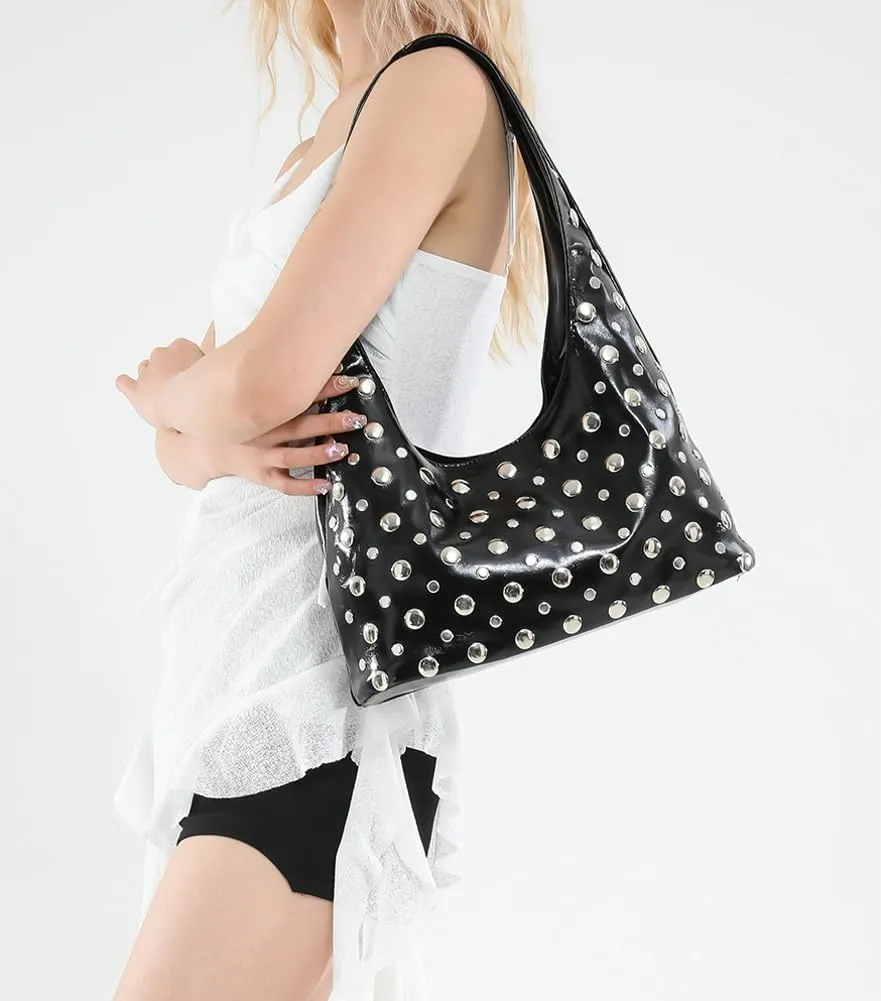 Y2k 90s Studded Hobo Bags Women Trendy Punk PU Leather Underarm Crescent Crossbody Purse Satchels Shoulder Tote Handbag