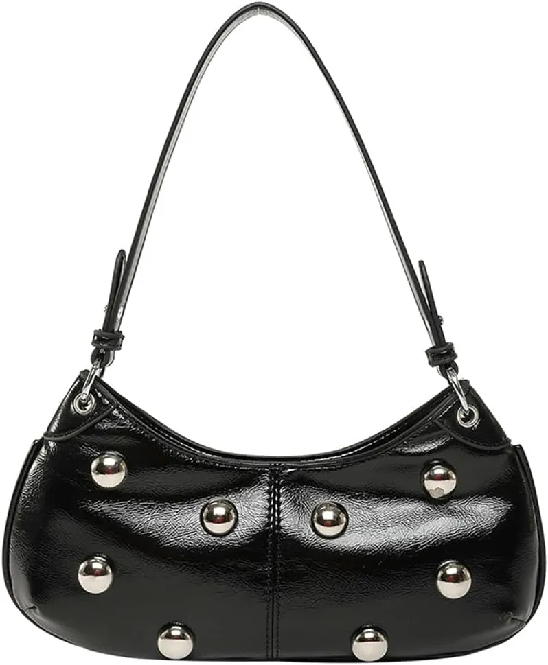 Y2k Crescent Hobo Bags Women Trendy 90s Punk PU Leather Studded Shoulder Satchels Crossbody Purse Underarm Tote Handbag