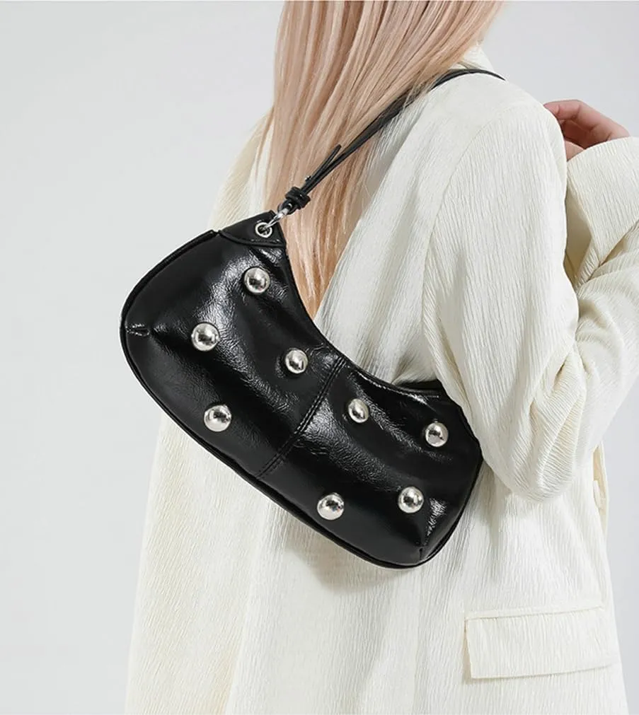 Y2k Crescent Hobo Bags Women Trendy 90s Punk PU Leather Studded Shoulder Satchels Crossbody Purse Underarm Tote Handbag