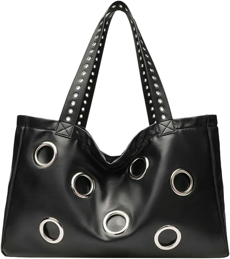 Y2k Studded Tote Hobo Bags Women 90s PU Leather Crescent Crossbody Purse Trendy Shoulder Satchels Punk Underarm Handbag