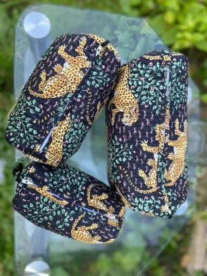 YILLE Set of 3 Pieces Block Printed Travel Organizer Kit Storage Bag for Women Makeup Bag Travel Cosmetic Bag (Black Cheetah)