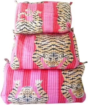 YILLE Set of 3 Pieces Block Printed Travel Organizer Kit Storage Bag for Women Makeup Bag Travel Cosmetic Bag (Pink Fat Tiger)